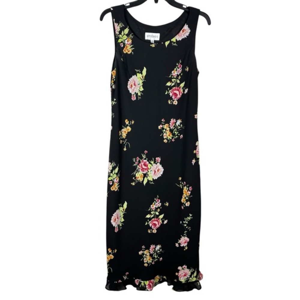 Vtg‎ 90s Dark Floral Grunge Maxi Dress 12 / L Black Whimsigoth Goth Romantic